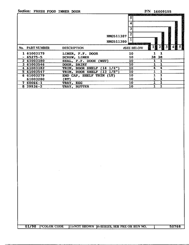 Fresh Food Inner Door Page 2 Diagram and Parts List for HMG511387  Admiral Refrigerator