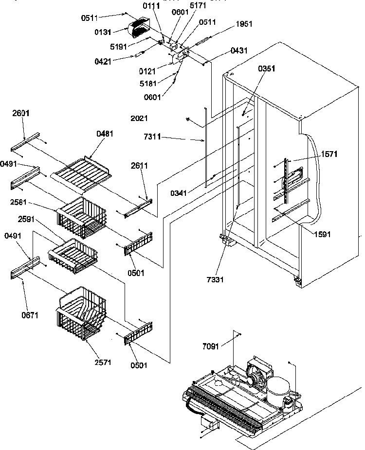 Freezer Shelves And Light Diagram and Parts List for SRD327S3W-P1312502WW  Amana Refrigerator