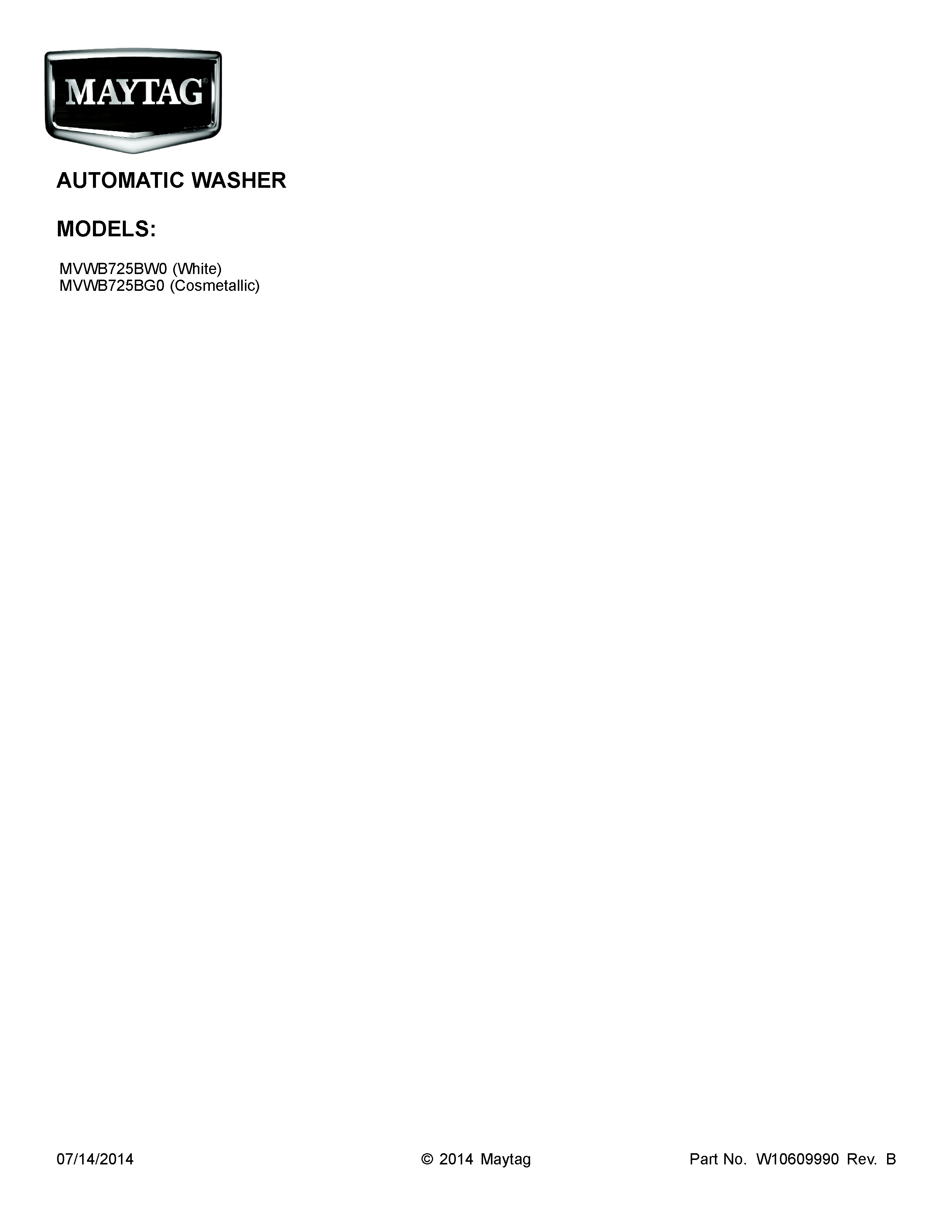 Cover Sheet Diagram and Parts List for MVWB725BG0  Maytag Washer