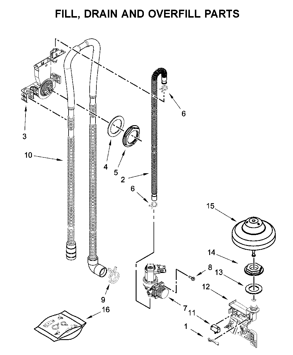 Fill, drain and overfill parts Diagram and Parts List for MDB7959SHZ1  Maytag Dishwasher