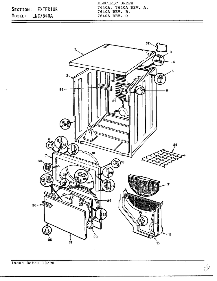 Exterior Diagram and Parts List for 7640A REV D Norge Dryer