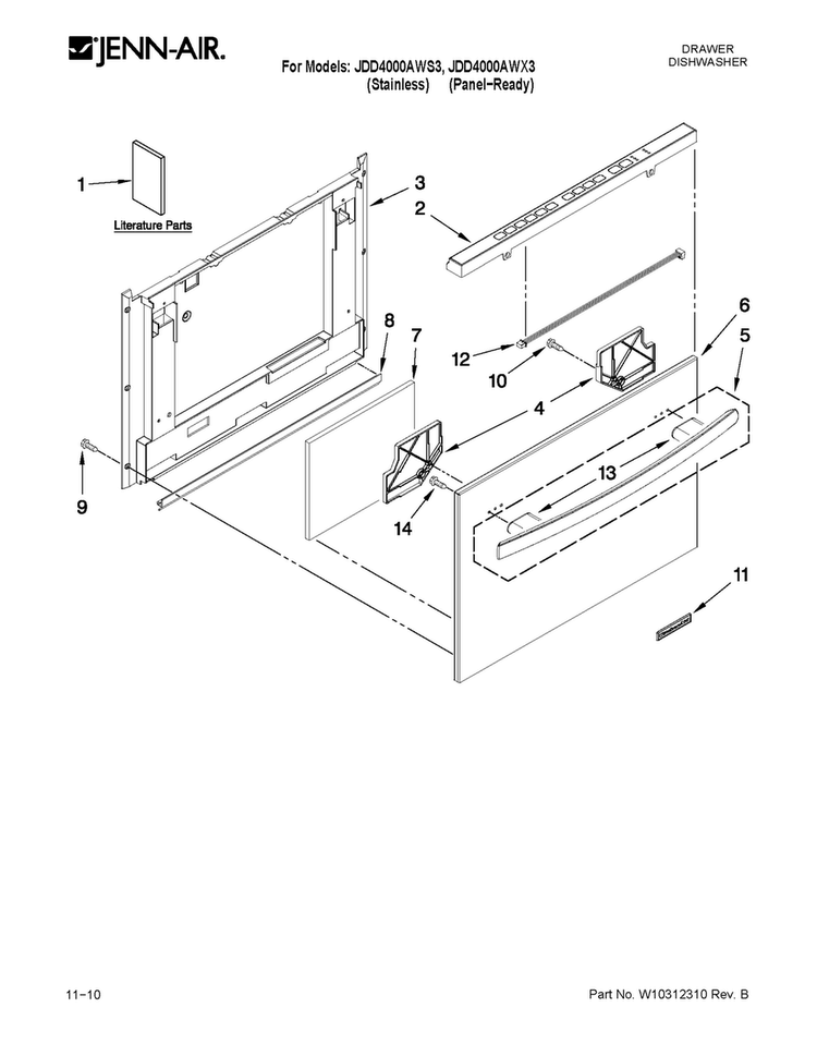 Front Panel Parts Diagram and Parts List for JDD4000AWS3  Jenn-Air Dishwasher