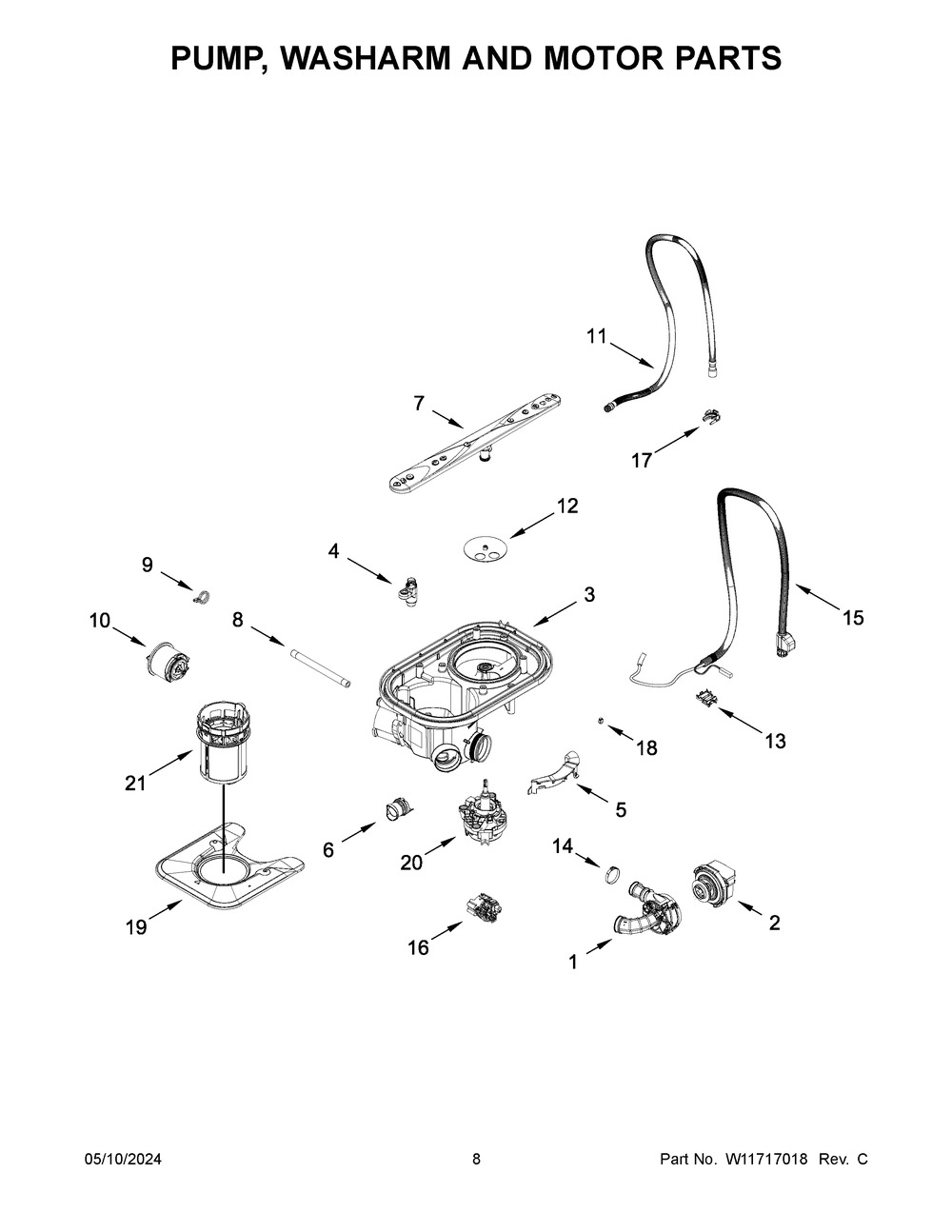 Pump, Washarm And Motor Parts Diagram and Parts List for JDAF3924RX0  Jenn-Air Dishwasher