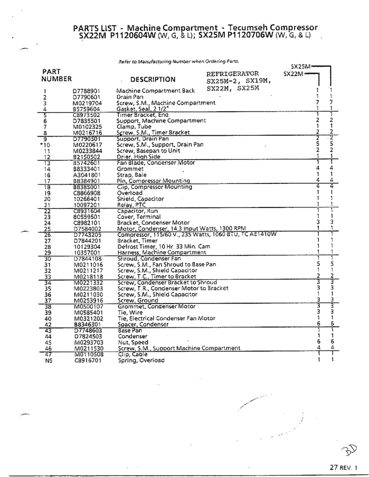 Machine Compartment/tecumseh Compres Page 2 Diagram and Parts List for SX22M  Amana Refrigerator