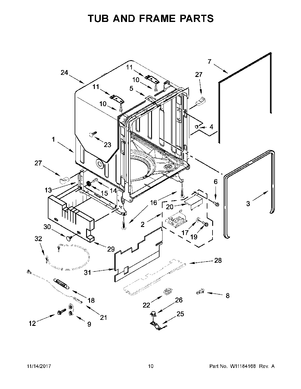 Tub And Frame Parts Diagram and Parts List for 66512793K314  Kenmore Dishwasher