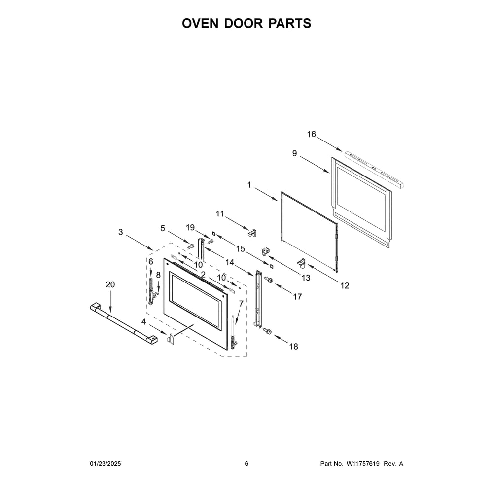 Oven Door Parts Diagram and Parts List for JOECC730RL00  Jenn-Air Microwave Oven Combo