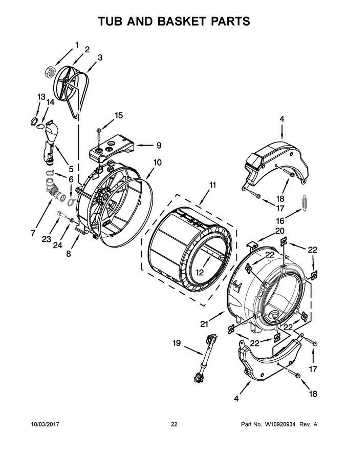 12 - Tub And Basket Parts Diagram and Parts List for MLG22PRAWW0  Maytag Washer Dryer Combo