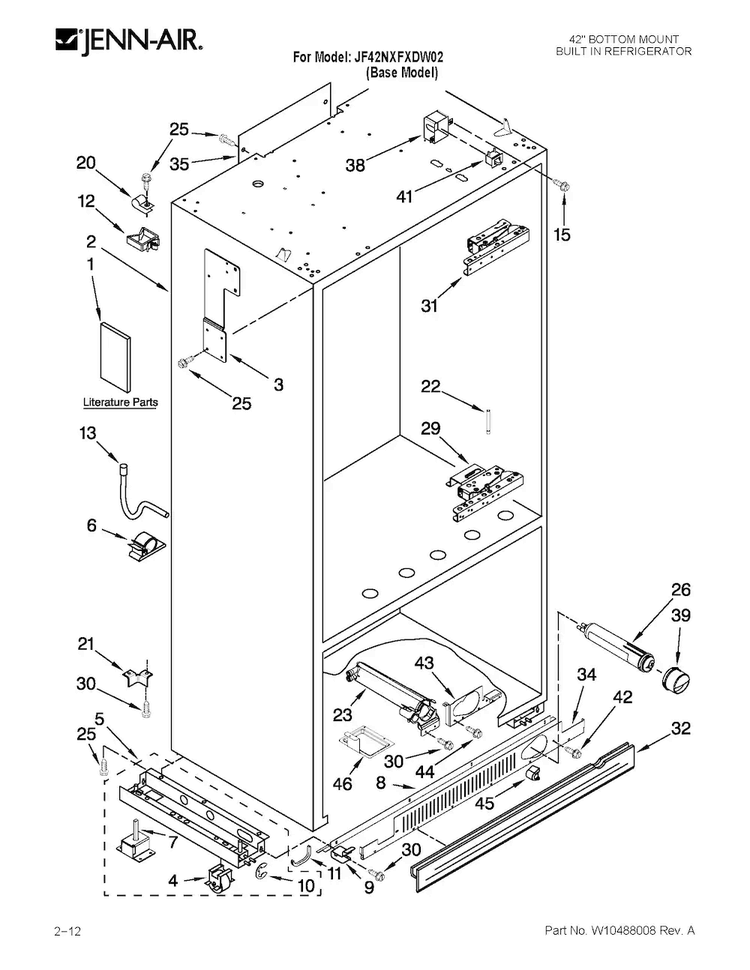 Cabinet Parts Diagram and Parts List for JF42NXFXDW02  Jenn-Air Refrigerator