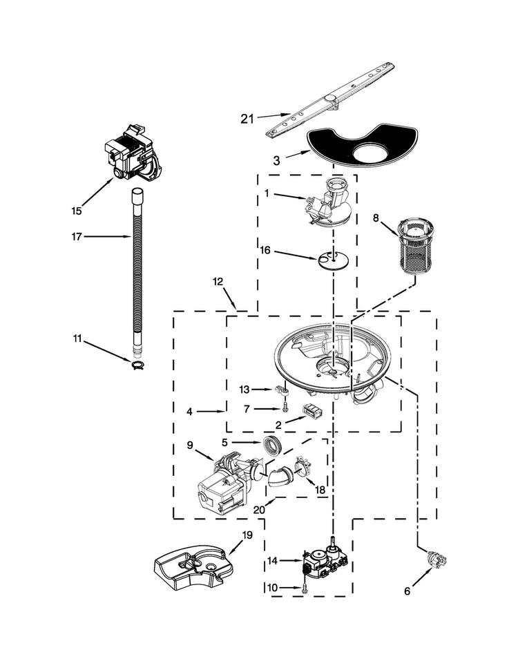 Pump, Washarm And Motor Parts Diagram and Parts List for ADB1700ADS2  Amana Dishwasher