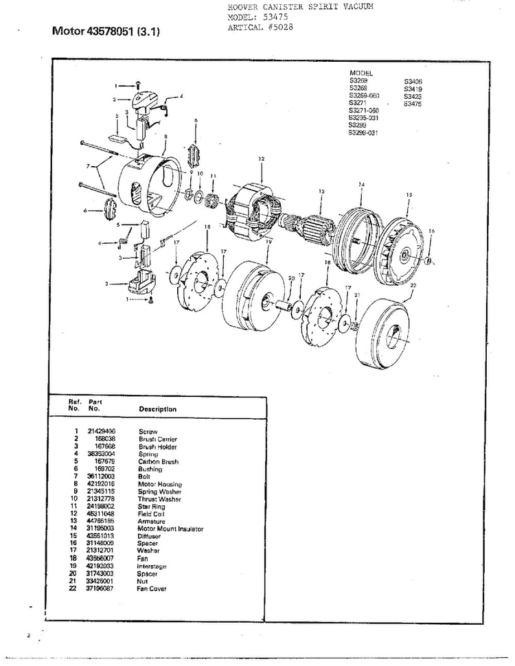 Motor Diagram and Parts List for 5028  Hoover Canister Vacuum