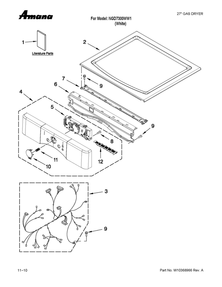 Top And Console Parts Diagram and Parts List for NGD7300WW1  Amana Dryer