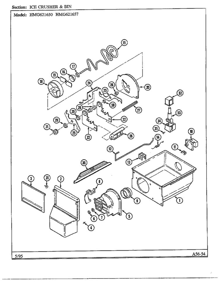 Ice Crusher And Bin Diagram and Parts List for HMG621657  Admiral Refrigerator