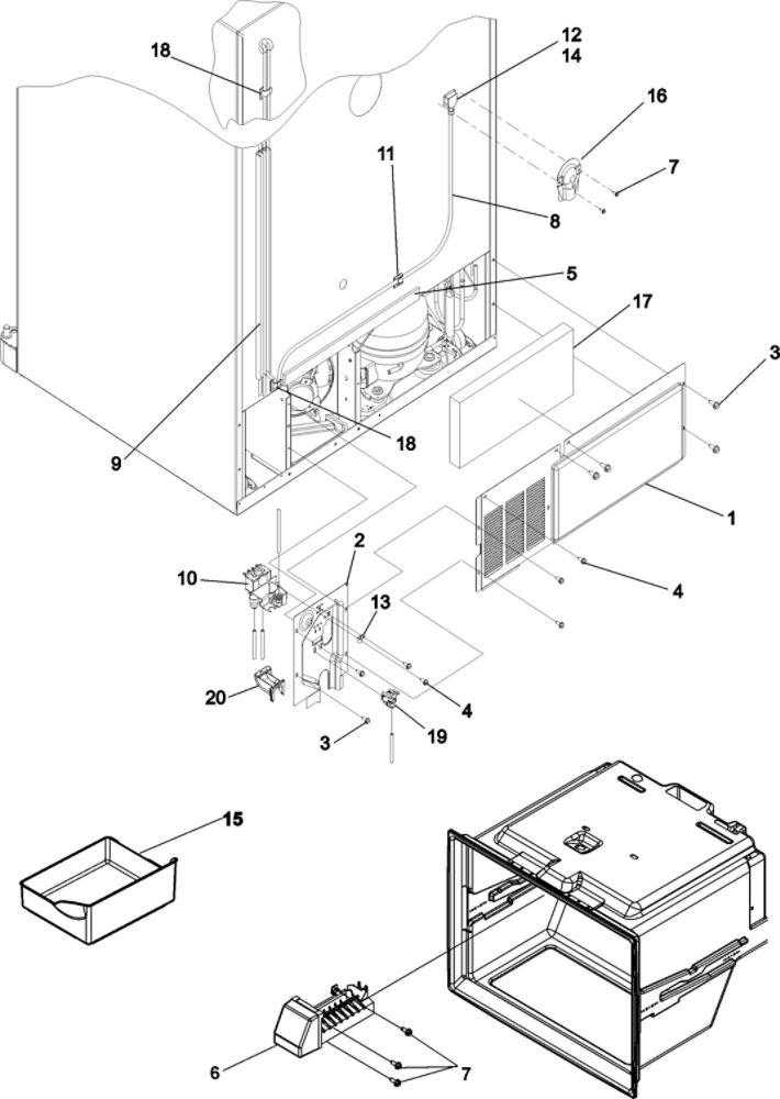 Cabinet Back Diagram and Parts List for ABD2233DEW0  Amana Refrigerator