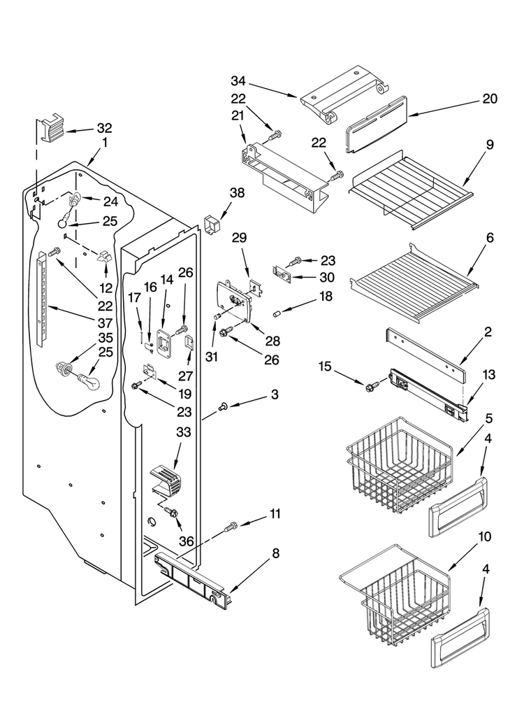 Freezer Liner Parts Diagram and Parts List for JCB2488MTR00  Jenn-Air Refrigerator