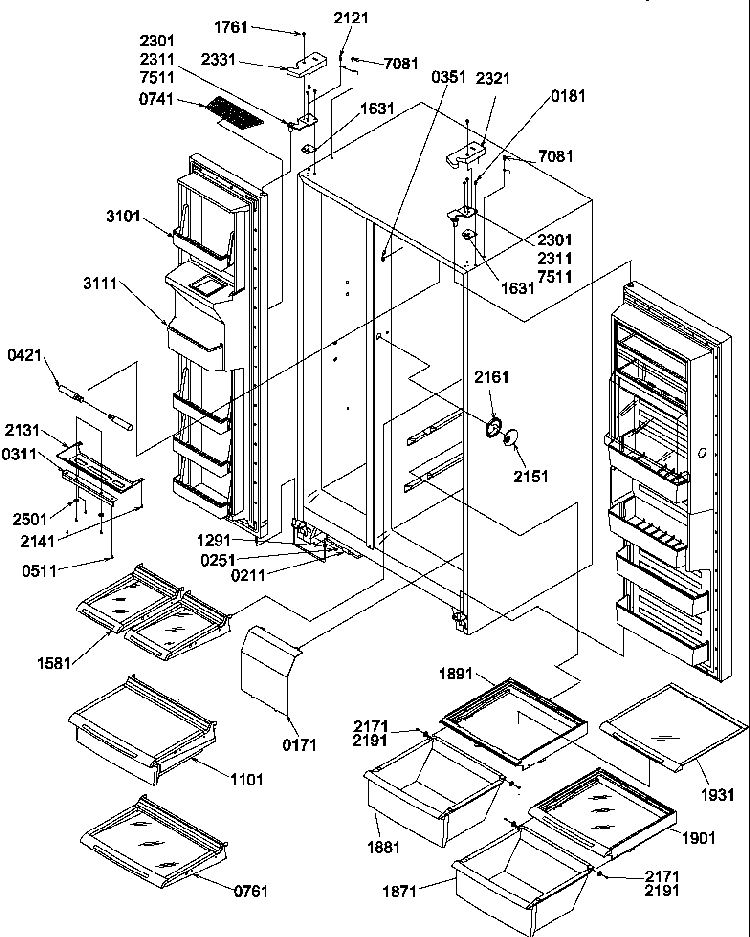 Refrigerator/freezer Shelves, Light, And Hinges Diagram and Parts List for SRDE520TBW-P1312402WW  Amana Refrigerator