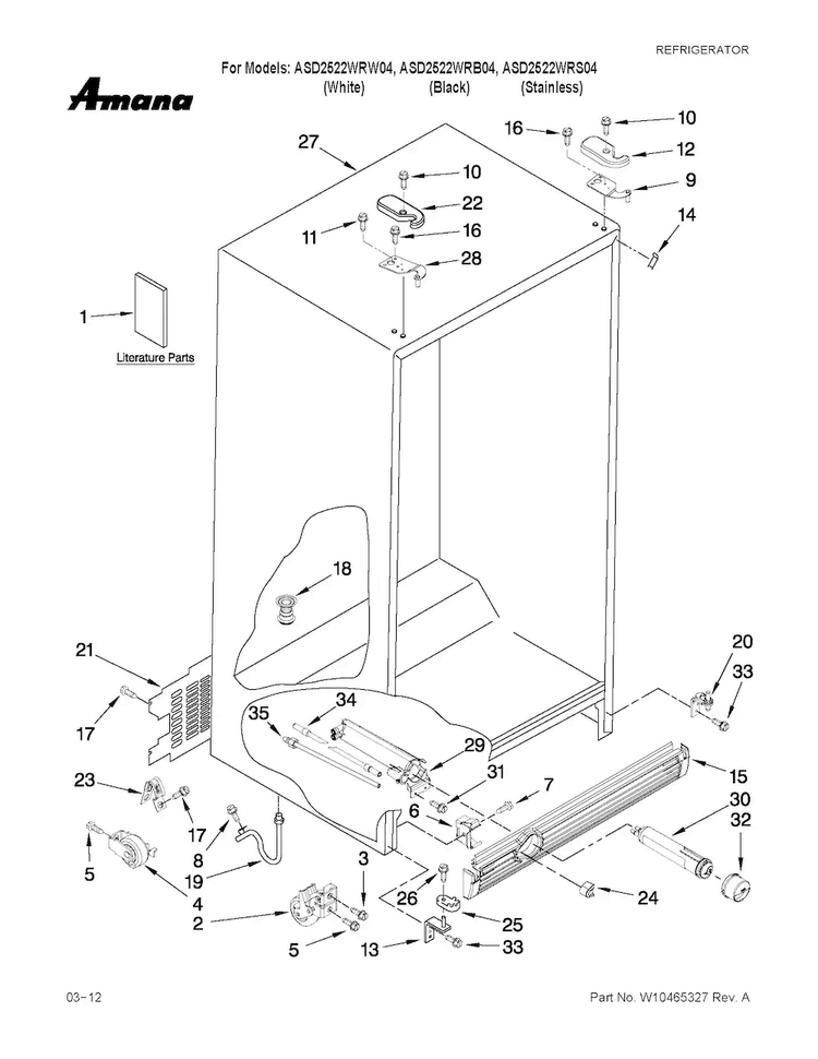Cabinet Parts Diagram and Parts List for ASD2522WRW04  Amana Refrigerator