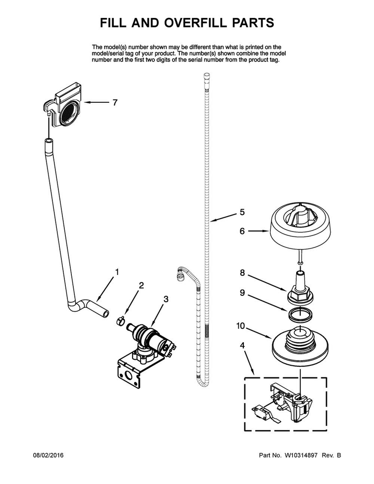 Fill And Overfill Parts Diagram and Parts List for JDB1255AWB2  Jenn-Air Dishwasher
