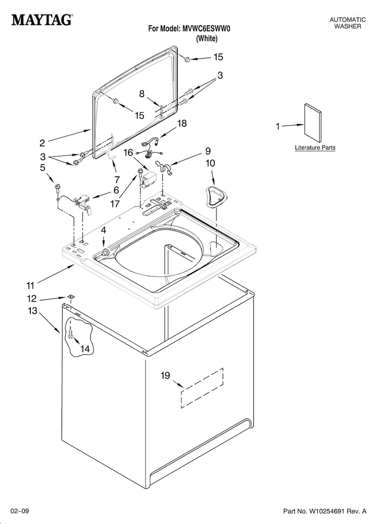 Top And Cabinet Parts Diagram and Parts List for MVWC6ESWW0  Maytag Washer