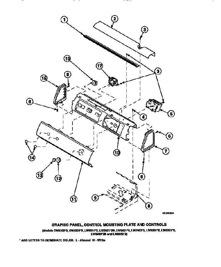 Graphic Panel, Control Mounting Plate And Controls Diagram and Parts List for CW8202W2-PCW8202W2A  Crosley Washer