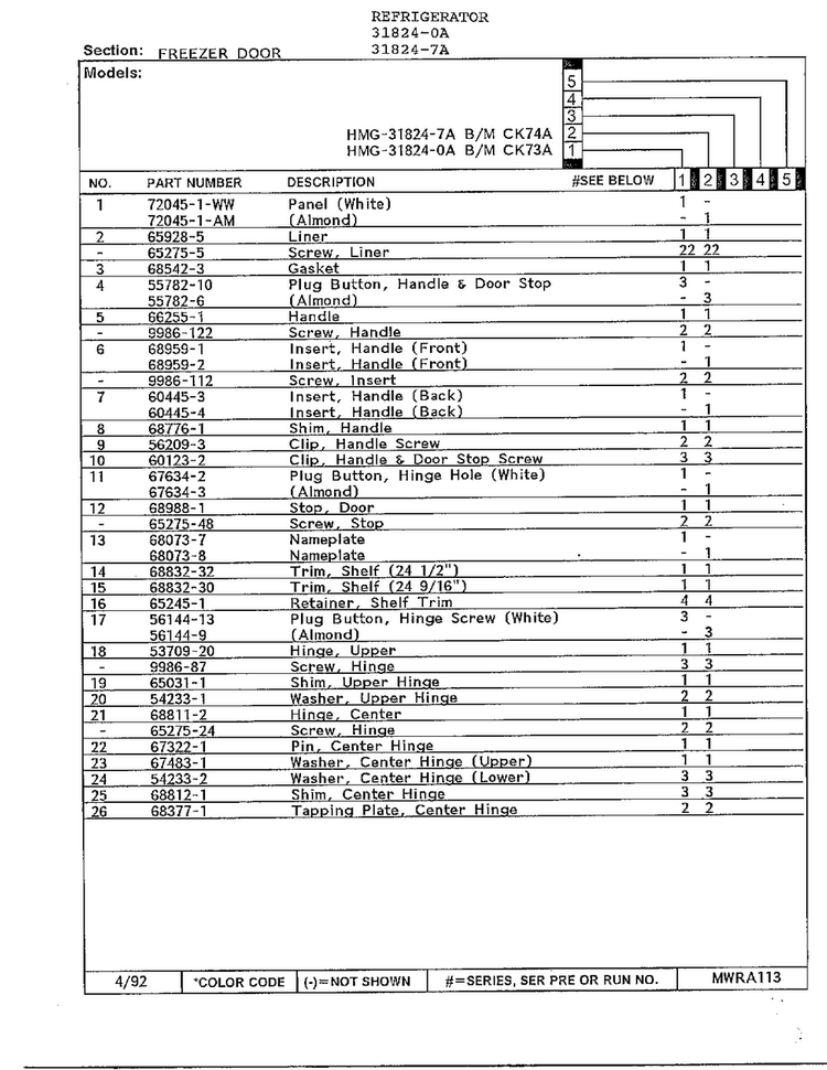Freezer Door Page 2 Diagram and Parts List for 31824-0A  Admiral Refrigerator
