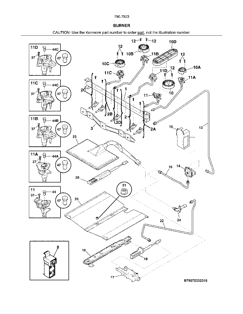 Burner Diagram and Parts List for 79075239313  Kenmore Range