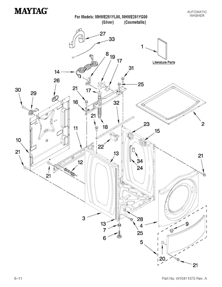 Top And Cabinet Parts Diagram and Parts List for MHWE251YL00  Maytag Washer