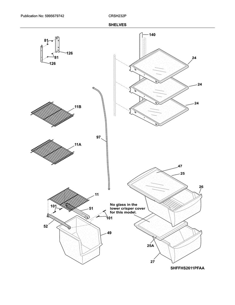 Shelves Diagram and Parts List for CRSH232PWDA  Crosley Refrigerator