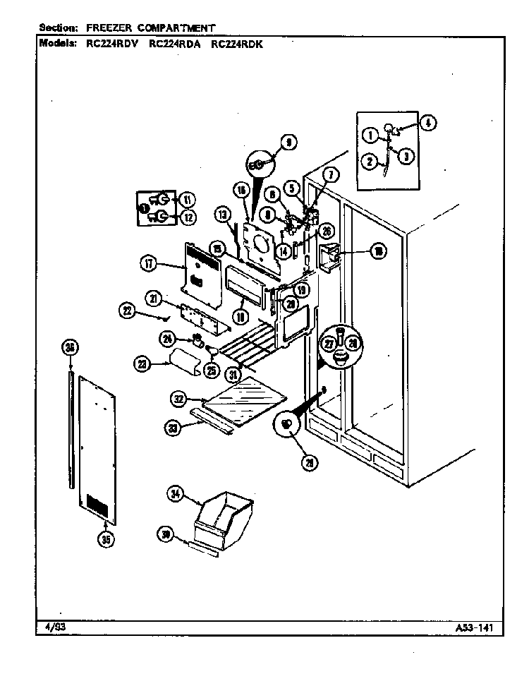 Freezer Compartment Diagram and Parts List for RC224RDA DS36B Magic Chef Refrigerator