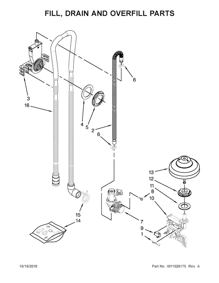Fill, Drain And Overfill Parts Diagram and Parts List for JDB9000CWS3  Jenn-Air Dishwasher