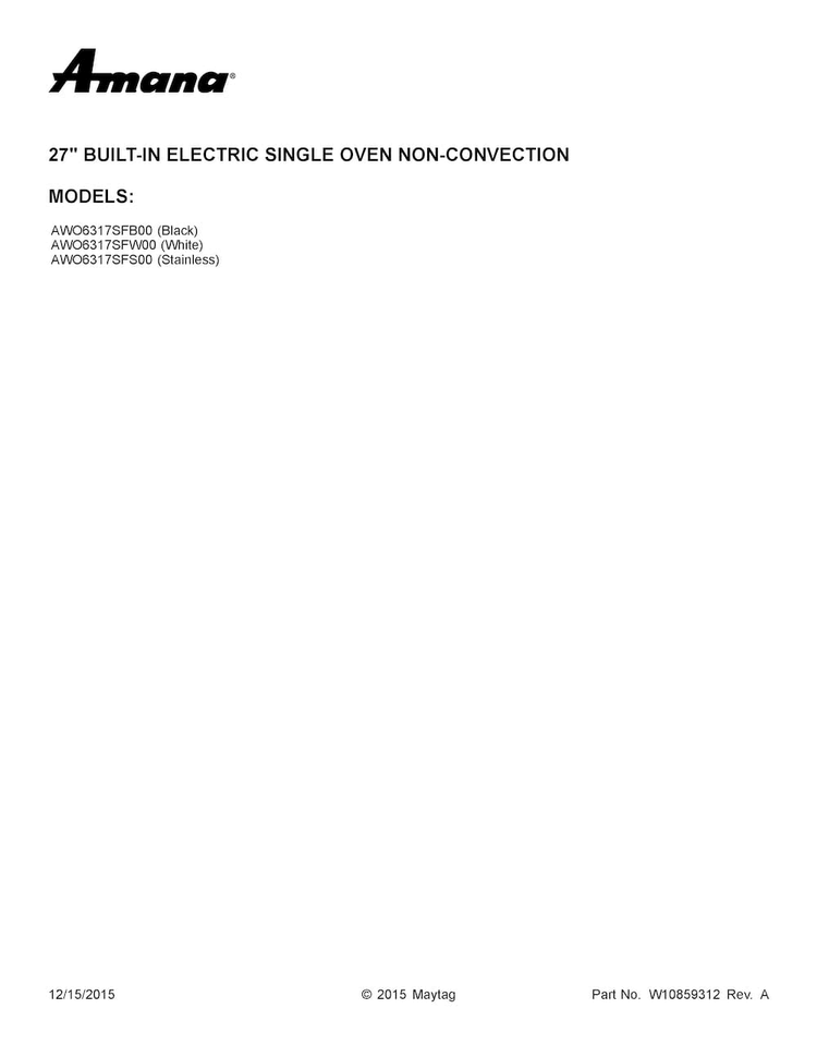 Cover Sheet Diagram and Parts List for AWO6317SFB00  Amana Wall Oven