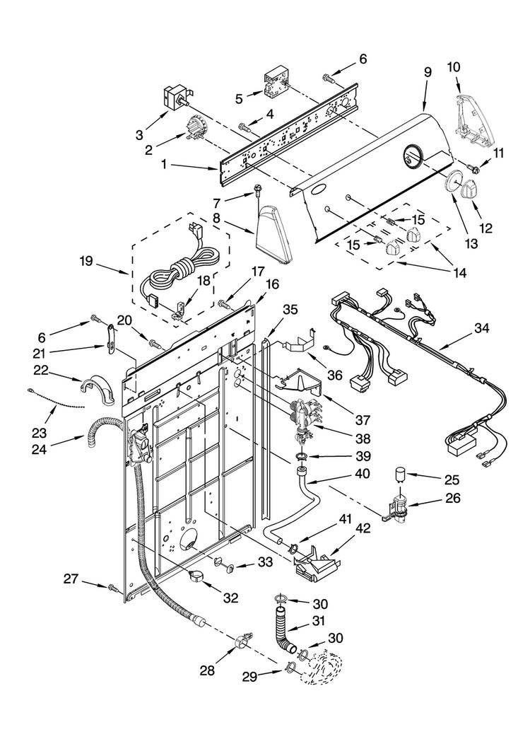 Controls And Rear Panel Parts Diagram and Parts List for NTW5400TQ2  Amana Washer