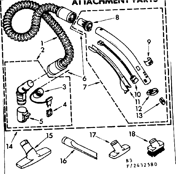 Hose And Attachment Parts Diagram and Parts List for 1162432580  Kenmore Canister Vacuum