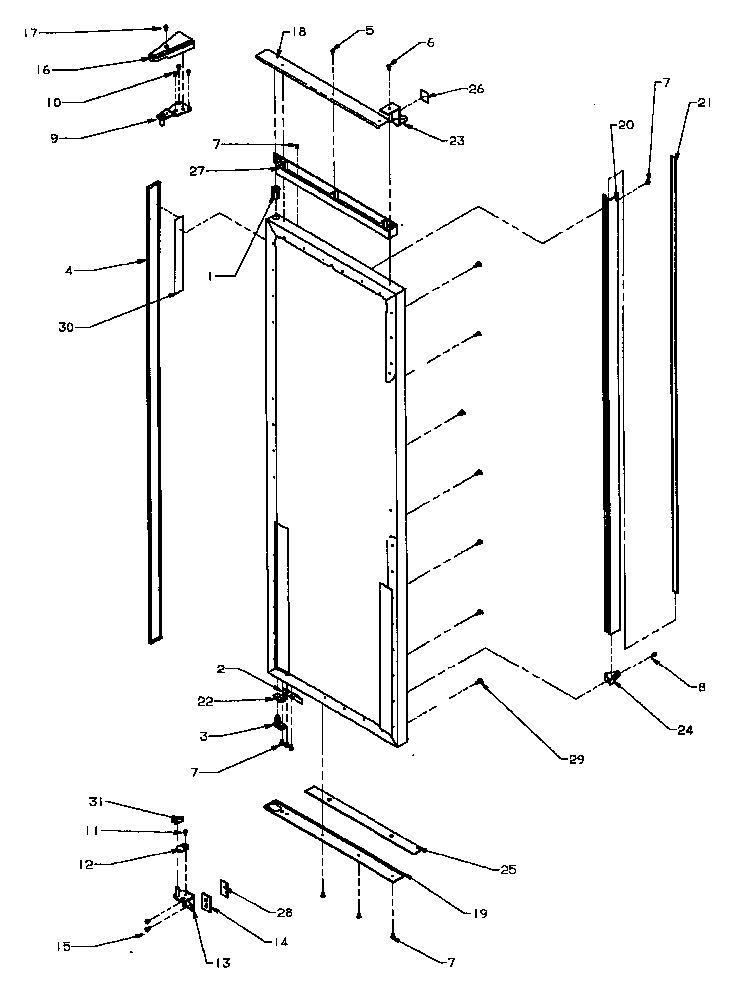 Refrigerator Door Hinge & Trim Parts Diagram and Parts List for SBI20QE-P1162905WE  Amana Refrigerator