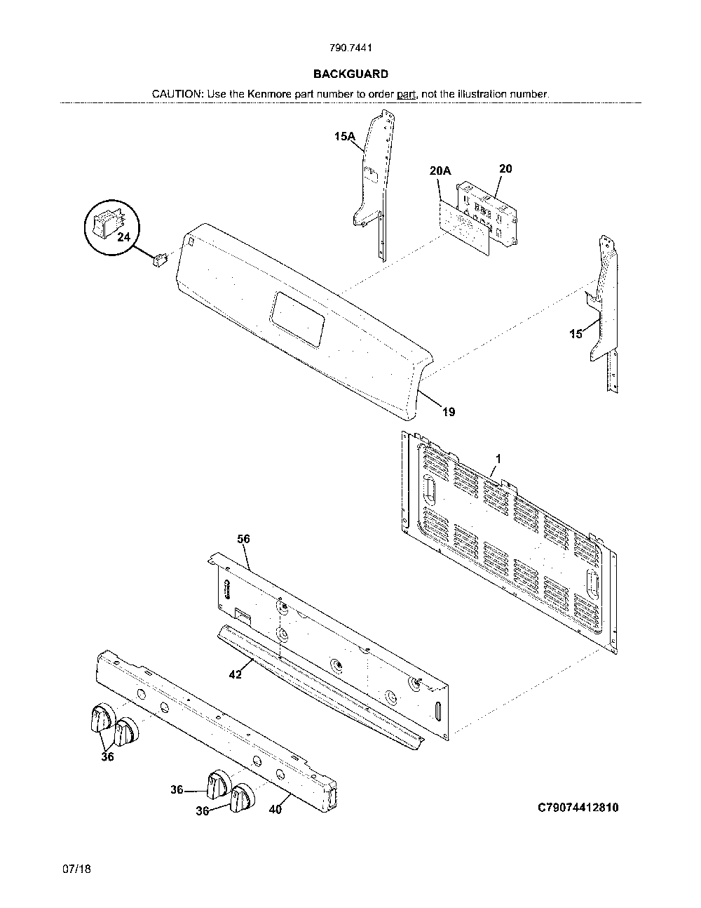 Backguard Diagram and Parts List for 79074419810  Kenmore Range
