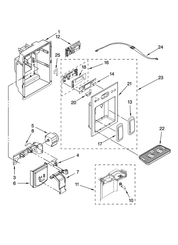 Dispenser Front Parts Diagram and Parts List for JCD2591WES00  Jenn-Air Refrigerator