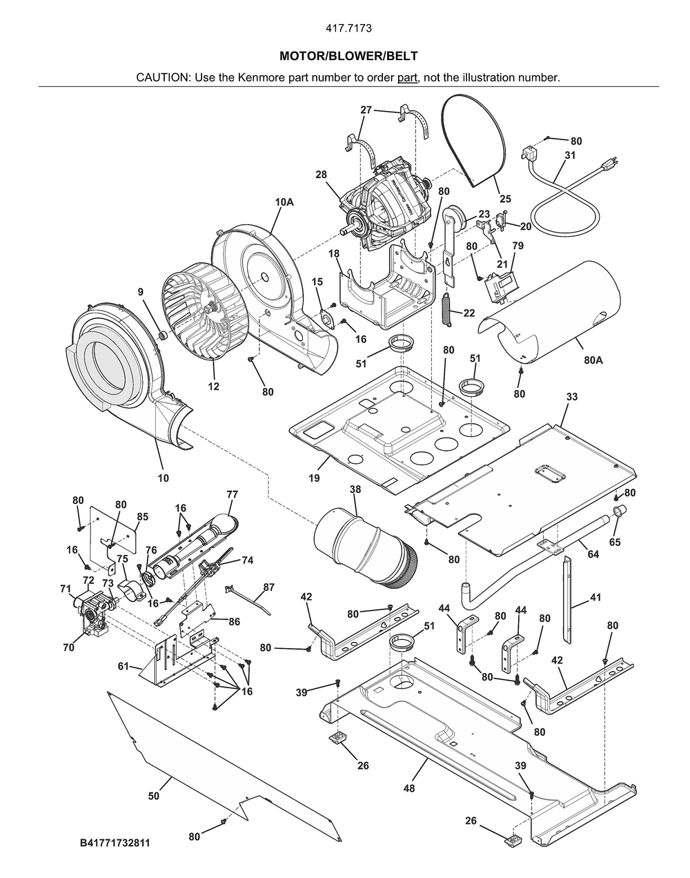 Motor/Blower/Belt Diagram and Parts List for 41771732811  Kenmore Washer Dryer Combo