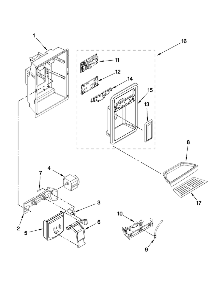 Dispenser Front Parts Diagram and Parts List for MSD2274VEM02  Maytag Refrigerator