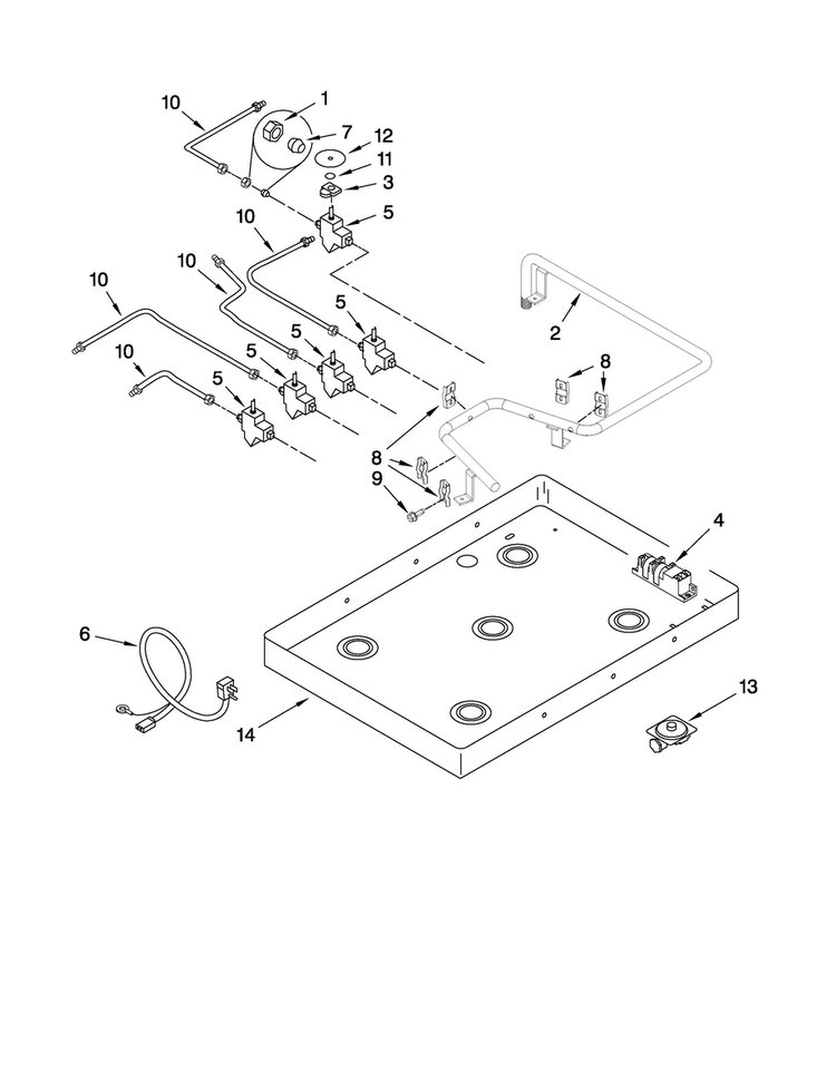 Burner Box, Gas Valves, And Switches Diagram and Parts List for MGC8636WS00  Maytag Cooktop
