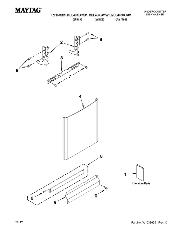 Door And Panel Parts Diagram and Parts List for MDB4630AWS1  Maytag Dishwasher