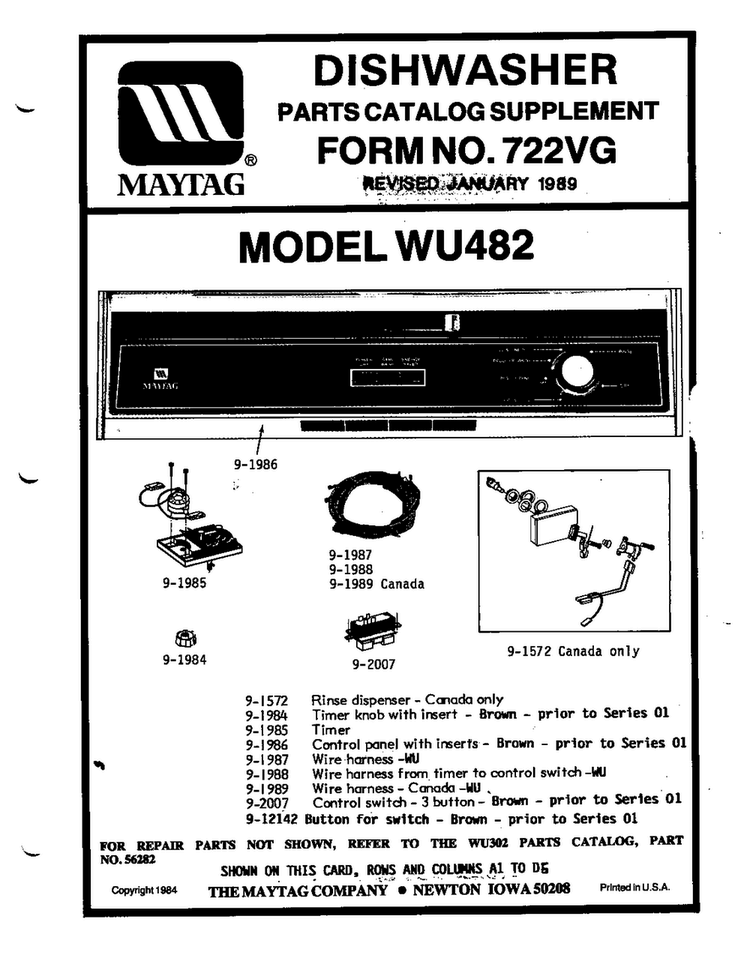 Catalog Supplement Diagram and Parts List for WC482  Maytag Dishwasher
