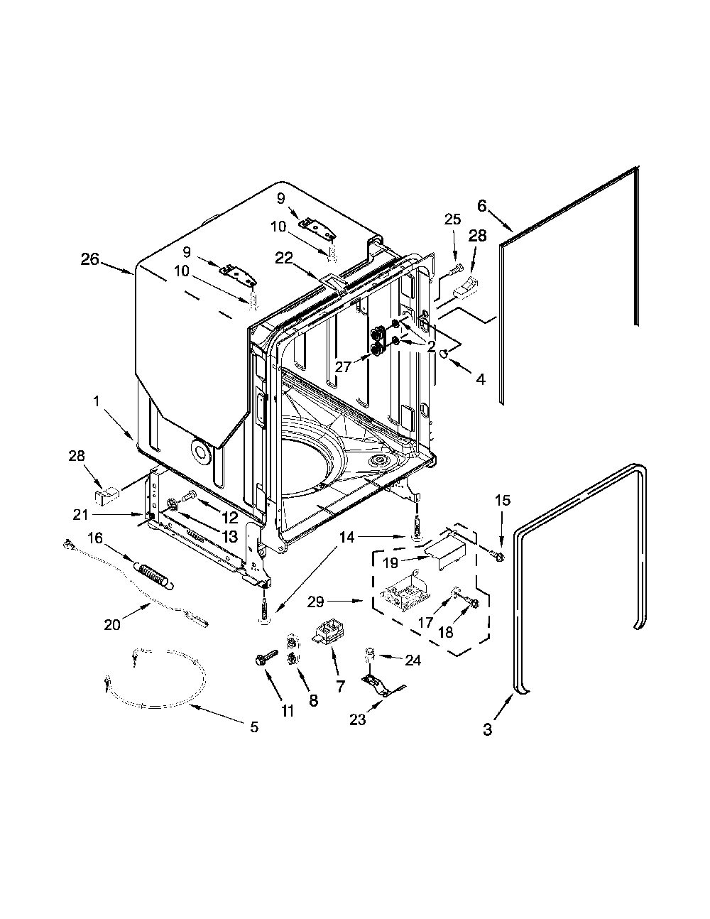 Tub And Frame Parts Diagram and Parts List for 66512769K314  Kenmore Dishwasher