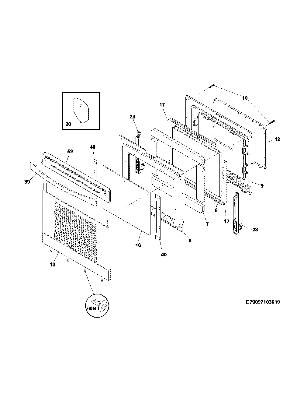 Door Diagram and Parts List for 79095063312  Kenmore Range