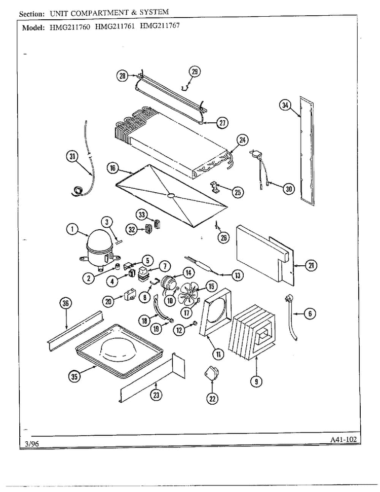 Unit Compartment/system Diagram and Parts List for HMG211760  Admiral Refrigerator