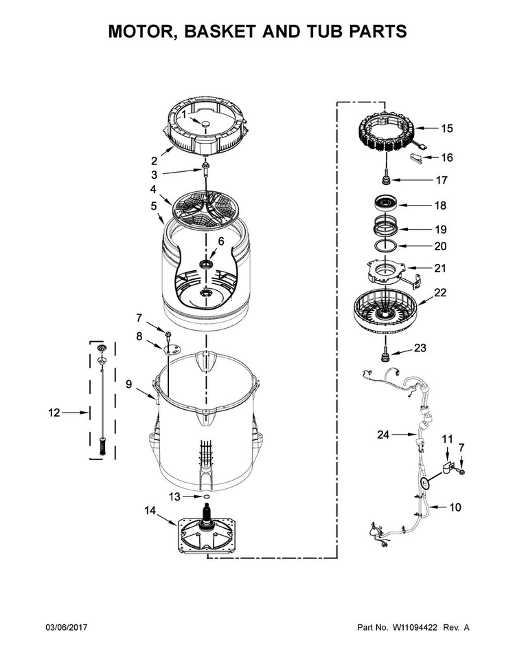 Motor, Basket And Tub Parts Diagram and Parts List for 7MMVWB835EW1  Maytag Washer
