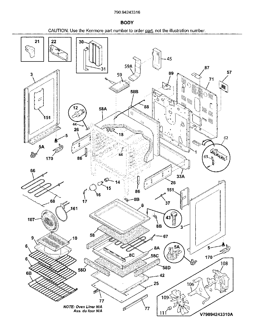 Body Diagram and Parts List for 79094243316  Kenmore Range
