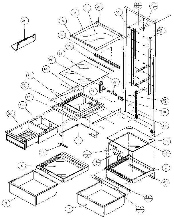 Refrigerator Shelving And Drawers Diagram and Parts List for 36271-P1121801W  Amana Refrigerator