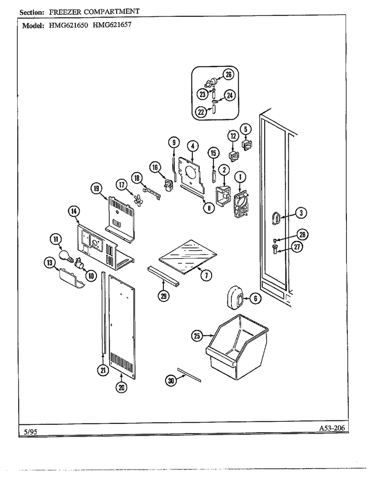 Freezer Compartment Diagram and Parts List for HMG621657  Admiral Refrigerator