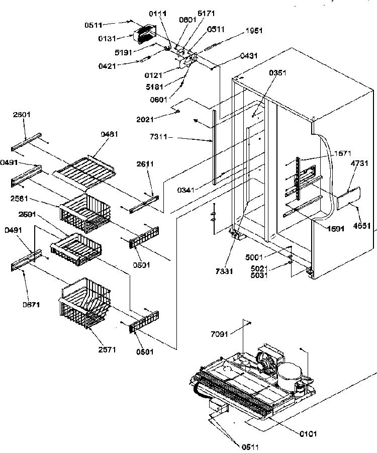 Freezer Shelves And Light Diagram and Parts List for SRD327S3L-P1307104WL  Amana Refrigerator