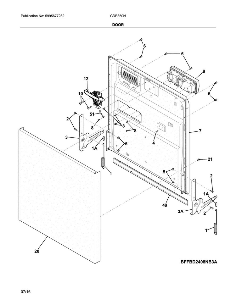Door Diagram and Parts List for CDB350NB7B  Crosley Dishwasher