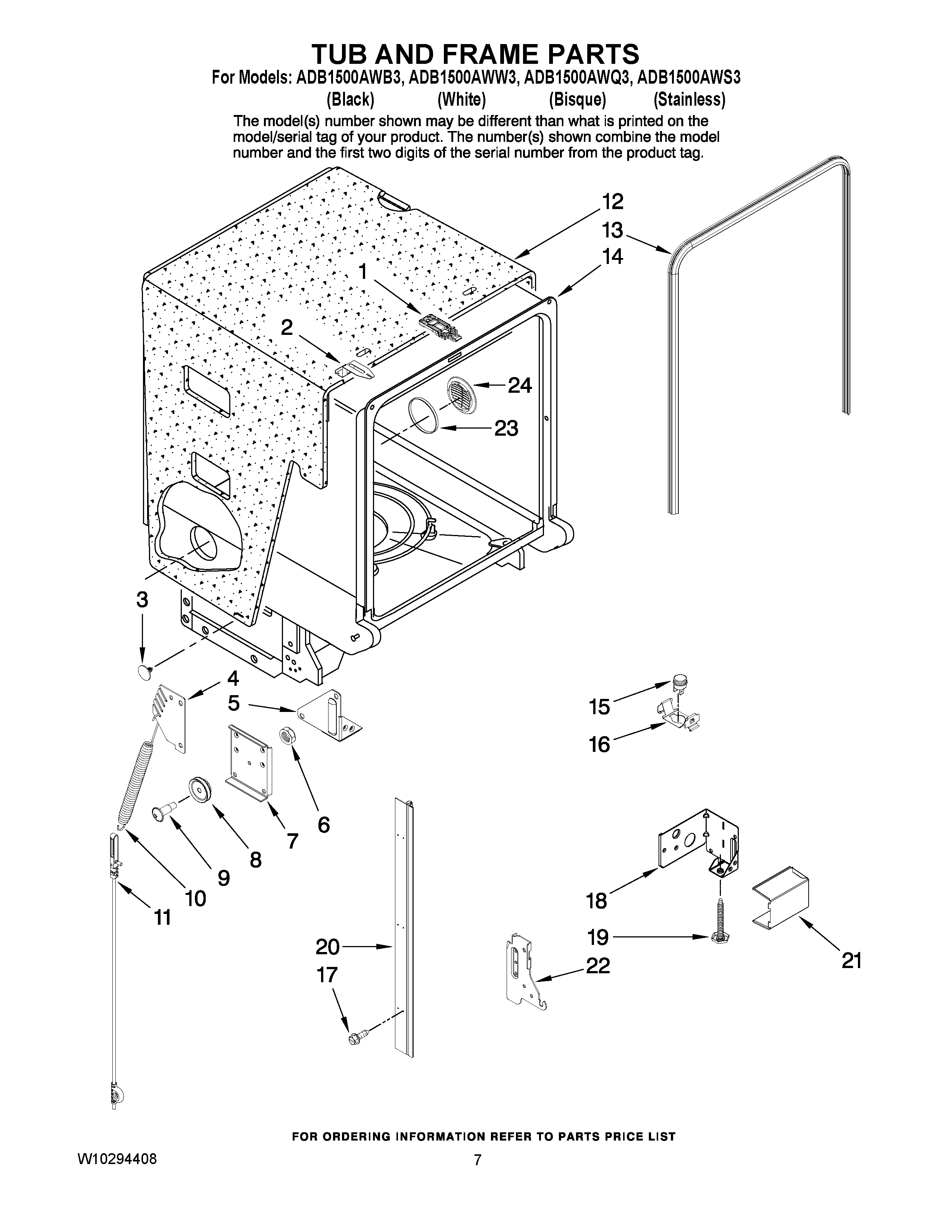 07 - TUB AND FRAME PARTS Diagram and Parts List for ADB1500AWW3  Maytag Dishwasher